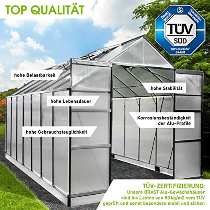 BRAST Gewächshaus Aluminium mit Fundament, 430x250x235cm, grau, TÜV geprüft, 6mm Hohlkammerplatten, rostfrei, wetterfest, temperaturbeständig – Bild 3