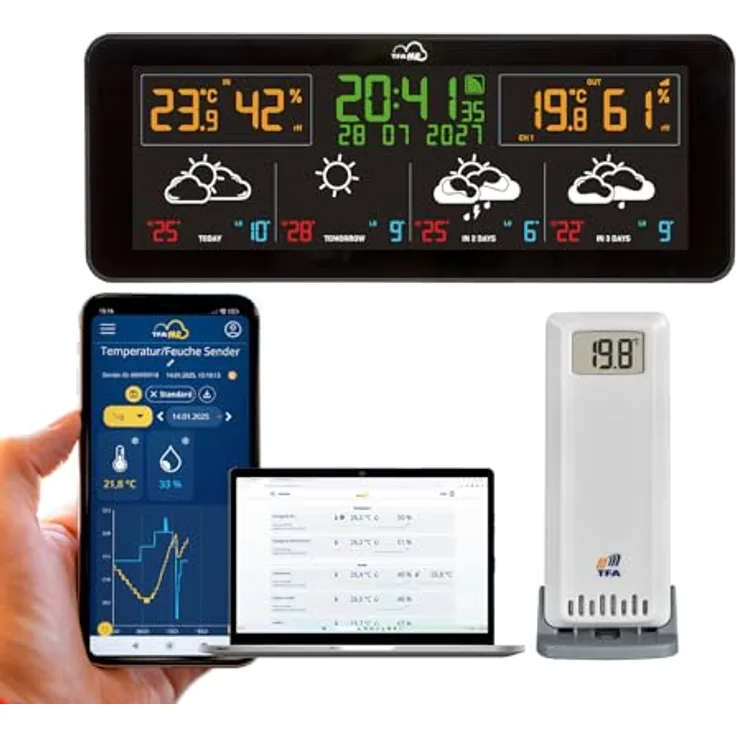 TFA Dostmann TFA.me 35.8107.01 ID-07 WLAN Funkwetterstation mit 4 Tagen Profi-Wetterprognose, 40 Wettersymbole, Farbdisplay, Warnfunktion, schwarz (ohne Batterien)