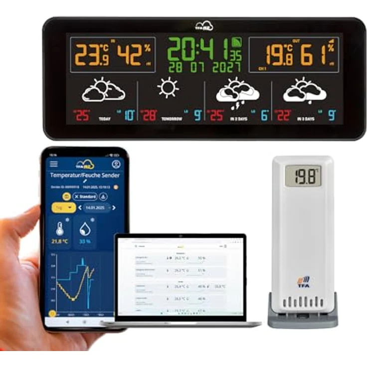 TFA Dostmann TFA.me 35.8107.01 ID-07 WLAN Funkwetterstation mit 4 Tagen Profi-Wetterprognose, 40 Wettersymbole, Farbdisplay, Warnfunktion, schwarz (ohne Batterien) – Bild 1