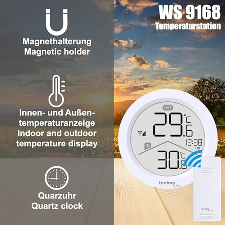 TECHNOLINE WS 9168 Temperaturstation mit integrierter Quarzuhr, Innen- und Außentemperaturanzeige, MIN/MAX-Funktion, flexibel einsetzbar in Schwarz – Bild 5