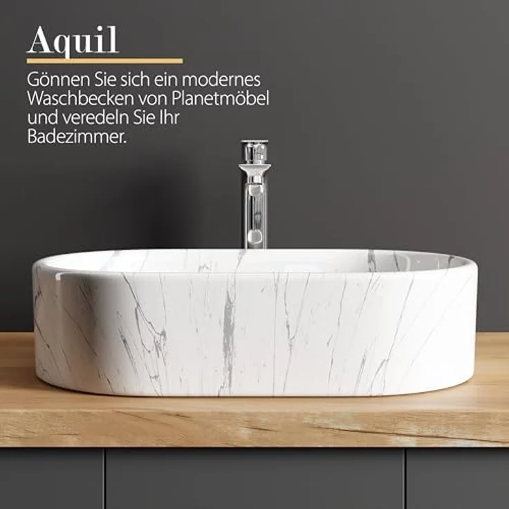 Planetmöbel Aufsatzwaschbecken Aquil Elegant, ovales Badezimmer Waschbecken 55 cm, marmor weiß, hochglänzend für Waschtisch – Bild 4