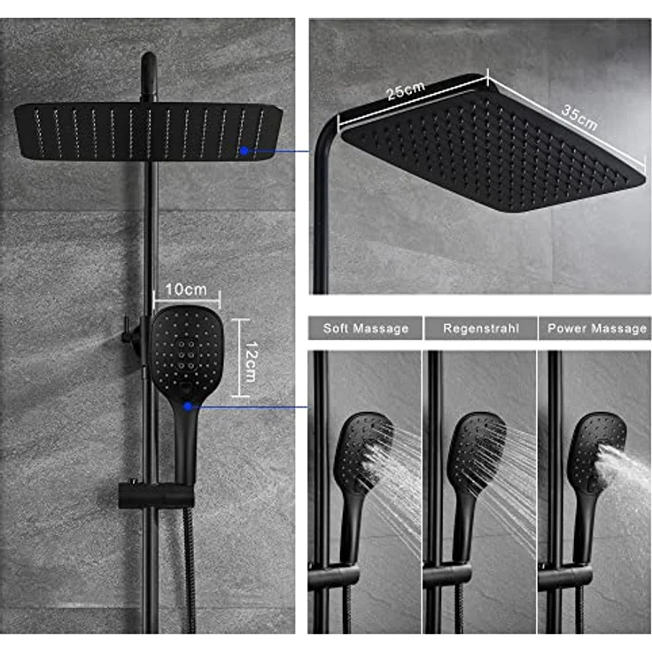 JOHO Edelstahl Duschsystem, Regendusche Duschset mit 35x25 cm Kopfbrause, Handbrause mit 3 Strahlarten, wassersparend, Thermostat mit Sicherheitskontrolle, schwarz – Bild 4