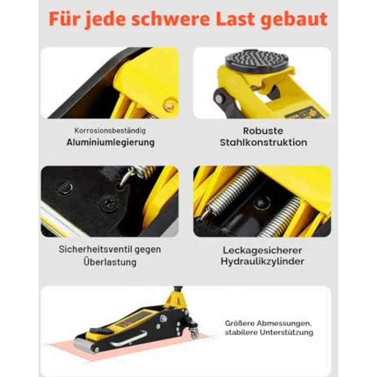 VEVOR Rangierwagenheber QJD-LTD015A-00, hydraulischer Autoheber mit 1,5 t Tragkraft, 80 - 365 mm Hubhöhe, Aluminium & Stahl, 99 mm Tablettdurchmesser, für Geländewagen & Werkstatt – Bild 5