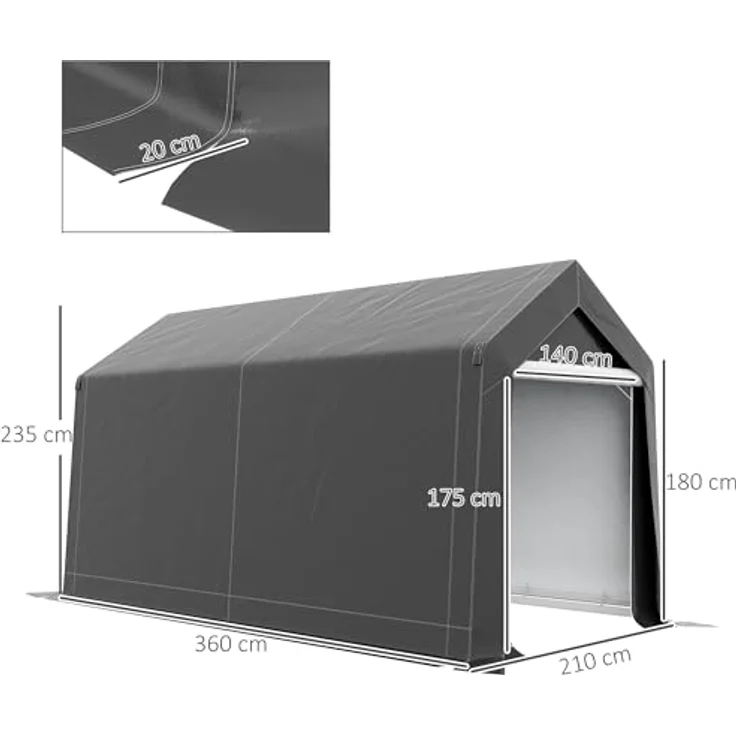 Outsunny Garagenzelt, 2,1 x 3,6 x 2,35 m Lagerzelt mit UV-Schutz, Gerätehaus mit Reißverschlusstür, Wasserabweisend Unterstand, Dunkelgrau – Bild 5