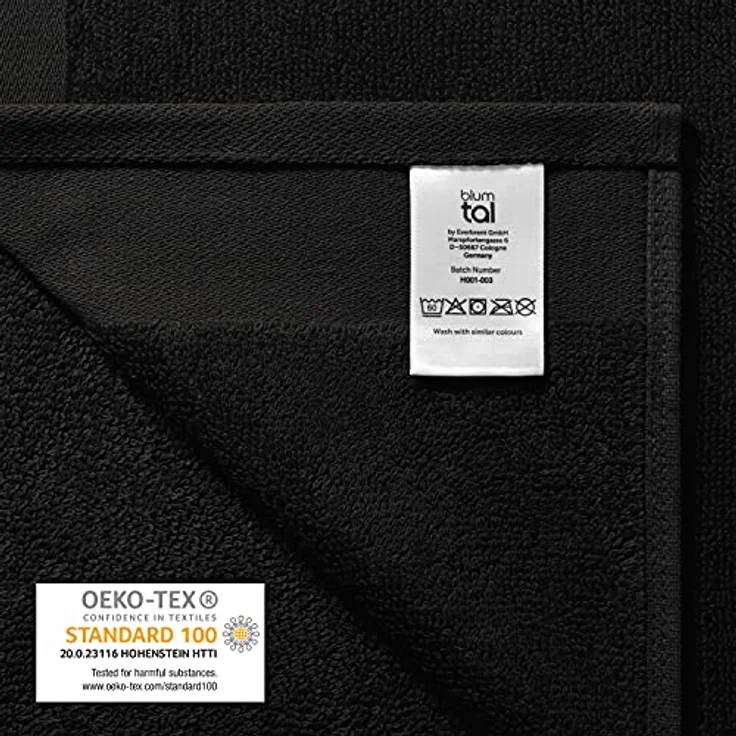 Blumtal Saunatuch, Schwarz, 80x200 cm, Oeko-Tex® Standard 100, 100% Baumwolle, 2er Set, Frottier mit Aufhängeschlaufe – Bild 7
