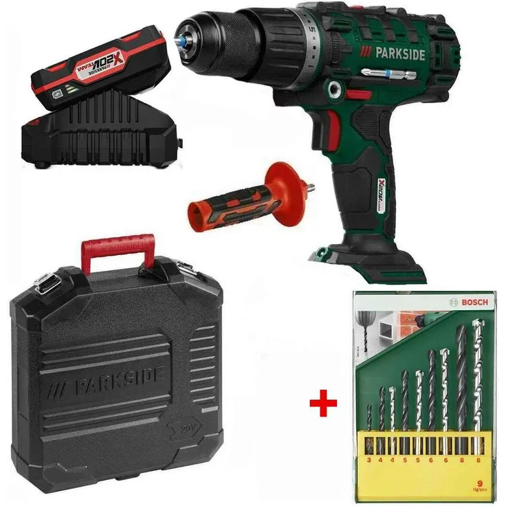 PARKSIDE 20V Schlagbohrschrauber PSBSA 20-Li C3 Akku 2 Ah+ Bohrer Set, kraftvoller Motor, 2-Gang-Getriebe, LED-Arbeitsleuchte