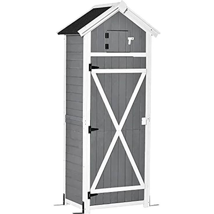 Outsunny Gartenschrank Holz Gerätehaus mit Tür Dach Geräteschuppen mit Hacken Gartenlagerschrank Faltbarer Tisch Outdoor Grau 78 x 52,5 x 182 cm – Bild 1