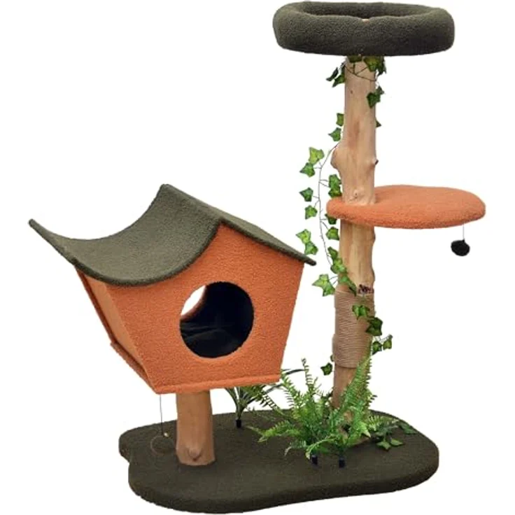 Fudajo Kratzbaum mit Pflanzendeko 114 cm, Katzenkratzbaum mit Teddyfell und Birnbaumholz, Katzenhaus mit Spielbällen, Katzenmöbel mit Plattformen, Braun – Bild 1