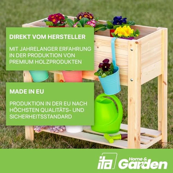 ITA Hochbeet aus Holz 80x37x78 cm - Pflanzkasten mit Ablageboden & Innenfolie - FSC Kiefernholz - Braun – Bild 2