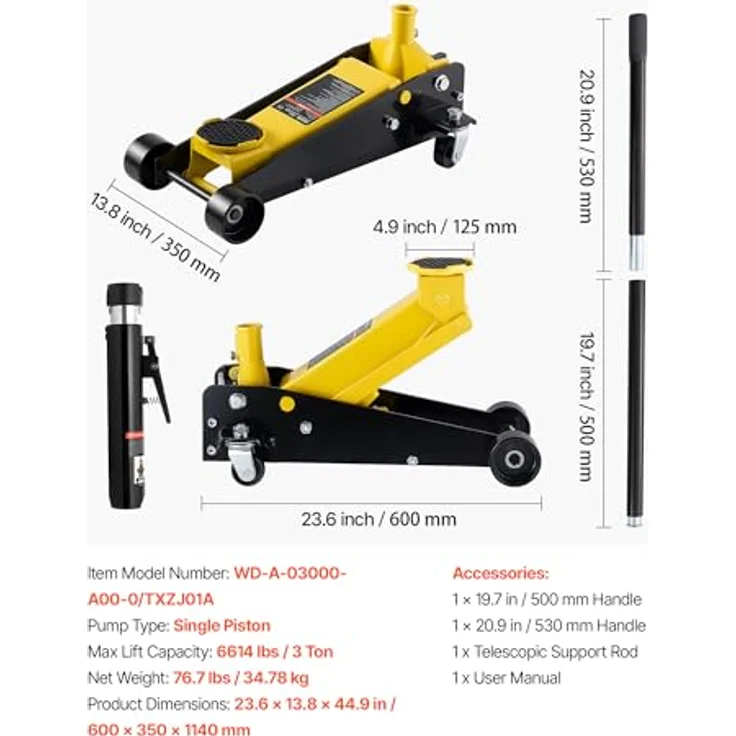 VEVOR Hydraulischer Rangierwagenheber 3T, Wagenheber mit 130-500 mm Hubhöhe, 125 mm Gummiauflage, Einzelzylinder und 360° Mobilität für PKW, SUV, Pickup, Werkstatt – Bild 7
