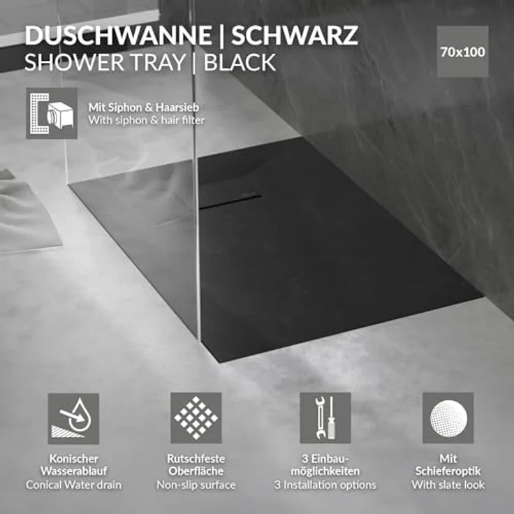 LuxeBath Duschwanne 100x70 cm Schwarz mit rutschfester Oberfläche und Ablaufgarnitur aus SMC, Höhe 3 cm – Bild 2