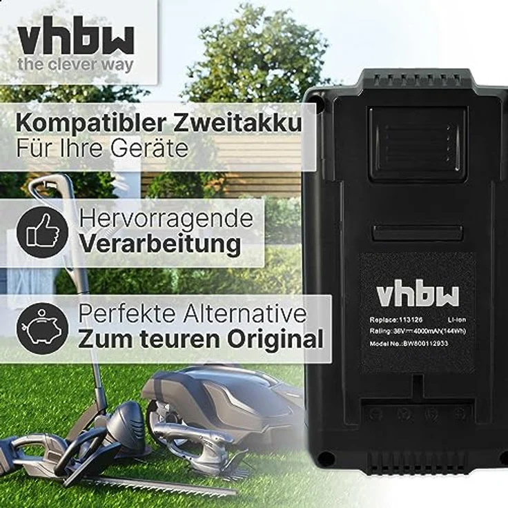 VHBW Akku kompatibel mit AL-KO Moweo 3.85 Li, LB 4060, MT 40, Moweo 42.5 Li, Moweo 46.5 Li Rasenmäher, 4000mAh, 36V, Li-Ion, schwarz – Bild 6