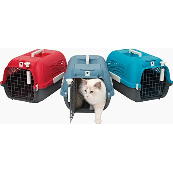 Catit Voyageur Tiertransportbox, blaue-graue Transportbox mit Streichelklappe, Futter- und Wassernapf, fluggesellschaftskonform – Bild 7