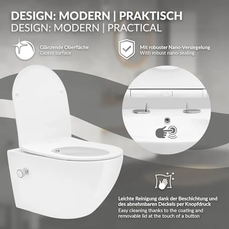 LuxeBath Wand WC Spülrandlos mit Bidet-Funktion, Weiß, Tiefspüler Keramik Hänge WC, Wash WC Nano Beschichtung, Tornadospülung, Hängend mit WC-Sitz Absenkautomatik – Bild 3