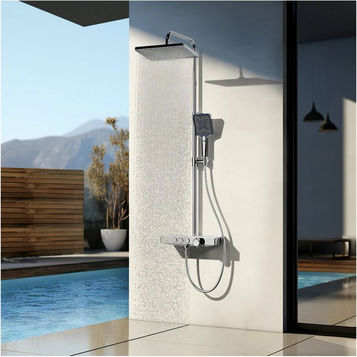 EMKE Duschsystem Duschsystem mit Thermostat Glasablage, Handbrause, 3 Strahlart(en), 45cm Thermostatische Platte,Regendusche mit Armatur - Präzises Thermostat, 360°-SPA-Erlebnis, Umweltfreundlich, Chrom