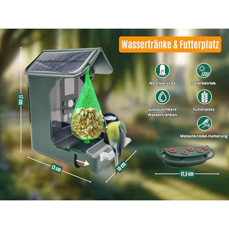 Berger & Schröter | Vogel-Futterhaus mit 1080P Kamera Solar Wassertränke 940nm IR LED Automatische Video/Fotoaufnahme Bewegungserkennung Nachtsicht, FHD 12 Megapixel, mehrsprachiges Menü, 700 mAh Akku – Bild 5