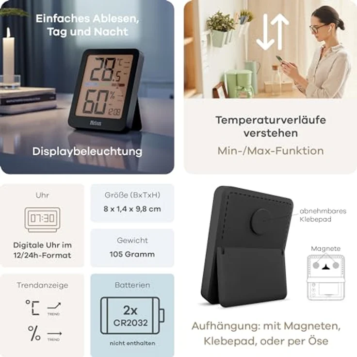 Mebus 11115 Thermo-Hygrometer, digitales Hygrometer mit Temperaturanzeige in °C/°F, schwarz – Bild 6