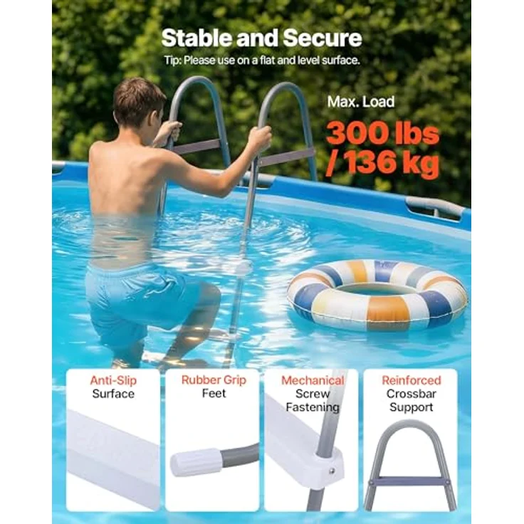 VEVOR Überirdische Poolleiter, 3-Stufen A-Rahmen aus Kohlenstoffstahl, rutschfeste Ein-/Ausstiegstufen, Tragfähigkeit 136 kg, für 91,4 cm hohe Wand, Grau & Weiß – Bild 3