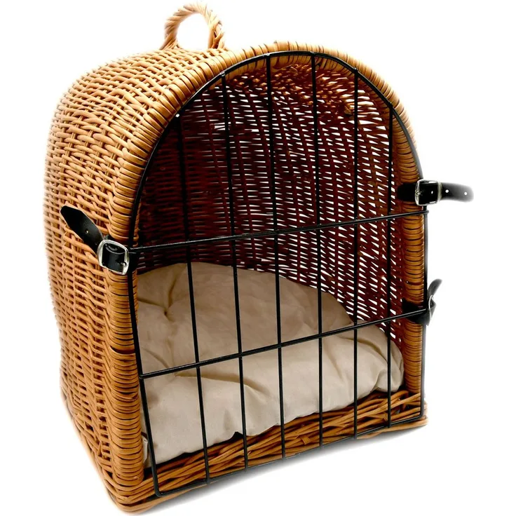 MyBer® Tiertransportbox Katze Weidenkorb Handarbeit mit Gitter und Kissen braun 31/44/36cm