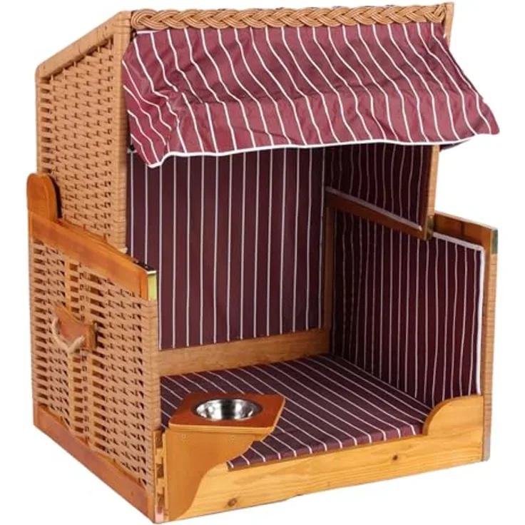 MR. DEKO® Hundestrandkorb Wacholder PE Beige, mit rot gestreiftem Dach, inklusive schwenkbarem Edelstahl-Futternapf und Wassernapf, UV-beständig und wetterfest, für Hunde und Katzen