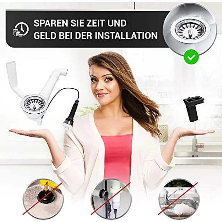 AquaDE Siebkorbventil 114 mm mit Excenterventil Raumschaffer Abtropf-Überlauf für Küchenspüle, Edelstahl und weiß – Bild 8