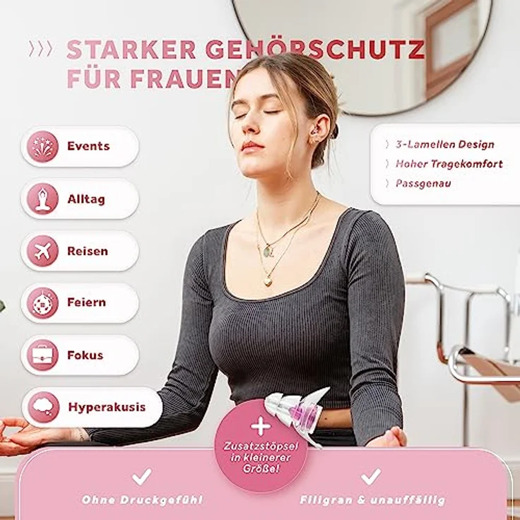 Schallwerk ® Women+ | unauffällige Gehörschutz Ohrstöpsel – dämpfen Lärm & erhalten Tonqualität – Ohrenstöpsel transparent - Earplugs geeignet für Musik, Festival, Arbeit & Lernen - Preisvergleich – Bild 2