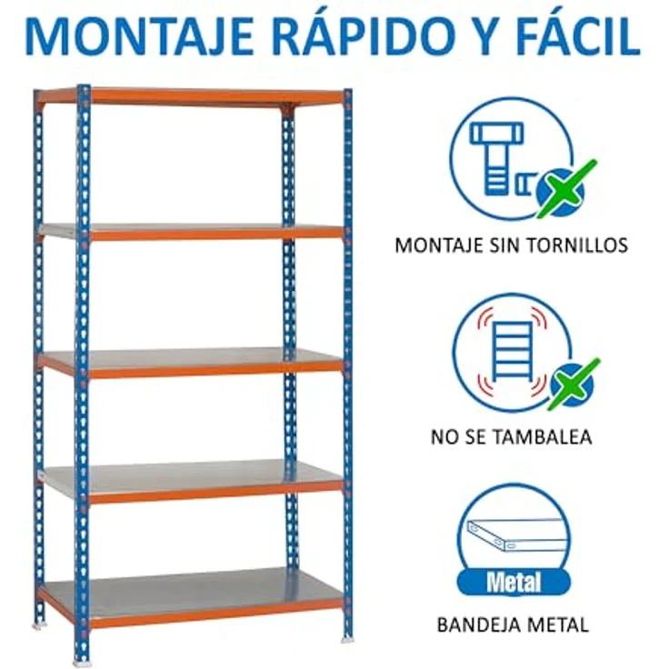 Simonrack Simonclick Plus Metallregal, 180 x 90 x 30 cm, Traglast 180 kg pro Boden, 5 Böden, Stecksystem, Blau/Orange – Bild 5