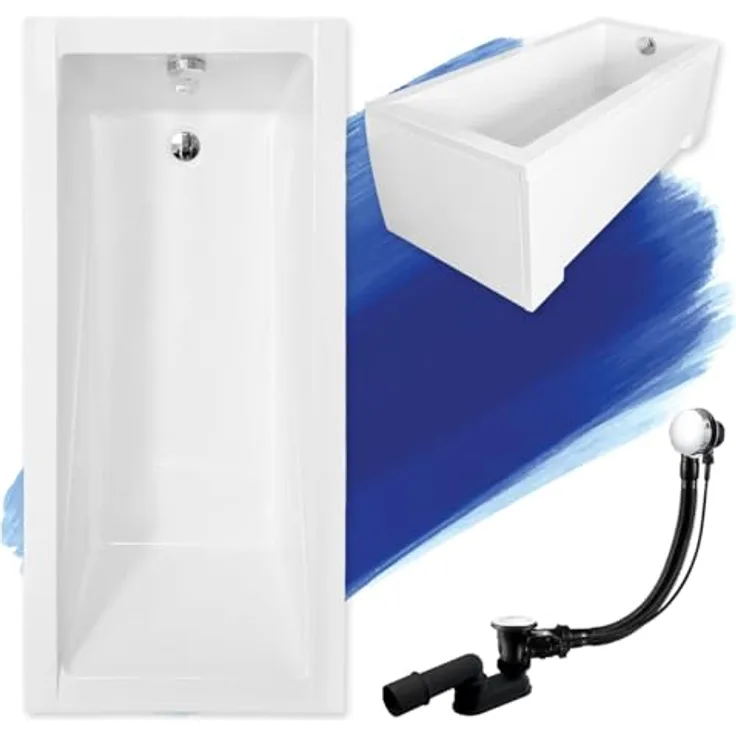 Besco BADLAND Acryl Badewanne 170x70 cm, Rechteckbadewanne mit Siphon, Wannenfüßen und Ablaufgarnitur in Chrom, Weiß, 4in1 Komplettset, Made in EU