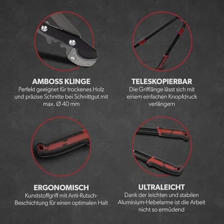 siwitec Teleskop-Amboss-Astschere SG-23, Getriebeastschere mit ergonomischem Griff, 66-92 cm, schwarz-rot – Bild 5