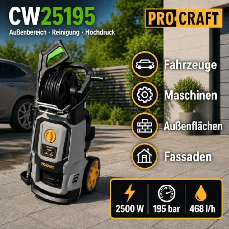Procraft CW2.5/195 Hochdruckreiniger 2500 Watt, 195 bar, 7,8 l/min, inkl. Zubehörsatz und Turbo-Düse – Bild 4