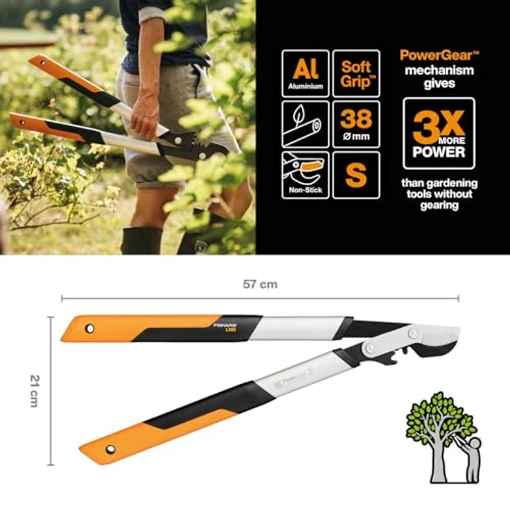 Fiskars PowerGear X Bypass-Getriebeastschere für frisches Holz, Antihaftbeschichtet, Gehärteter Präzisionsstahl, Länge 57 cm, Schwarz-Orange, LX92-S, 1020186 – Bild 3