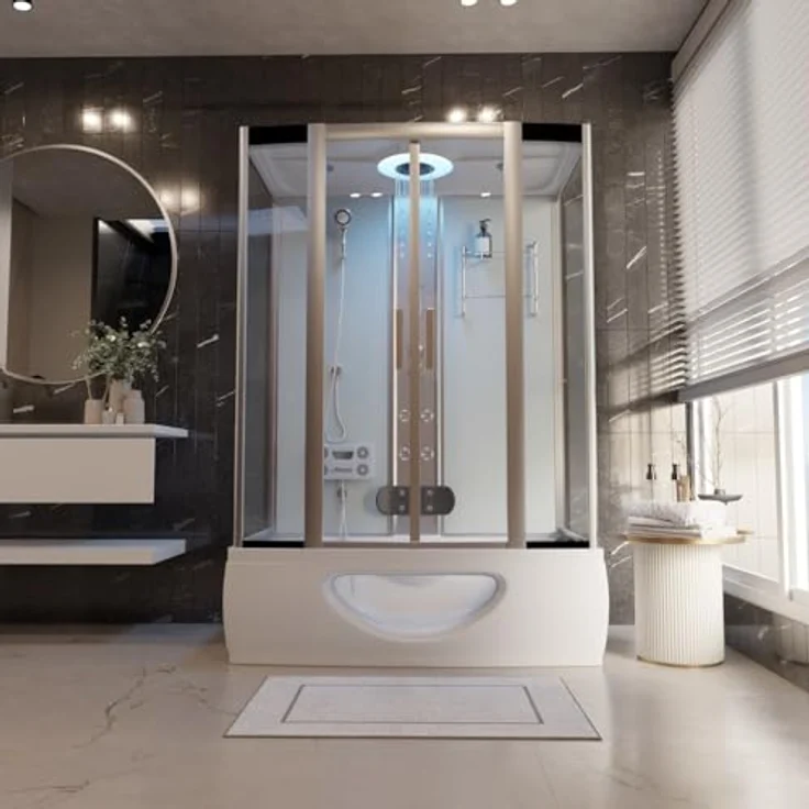 TroniTechnik Eckdusche IKARIA Acrylbadewanne mit Rundum- Sicherheitsglas, Farblichttherapie, BxT: 135x80 cm, Komplettdusche inkl. Farblicht, Radio, und Massagefunktion, Whirlduschkombination mit Sanitäracryl, 135cm x 80cm x 220cm, Sicherheitsglas, integri – Bild 2