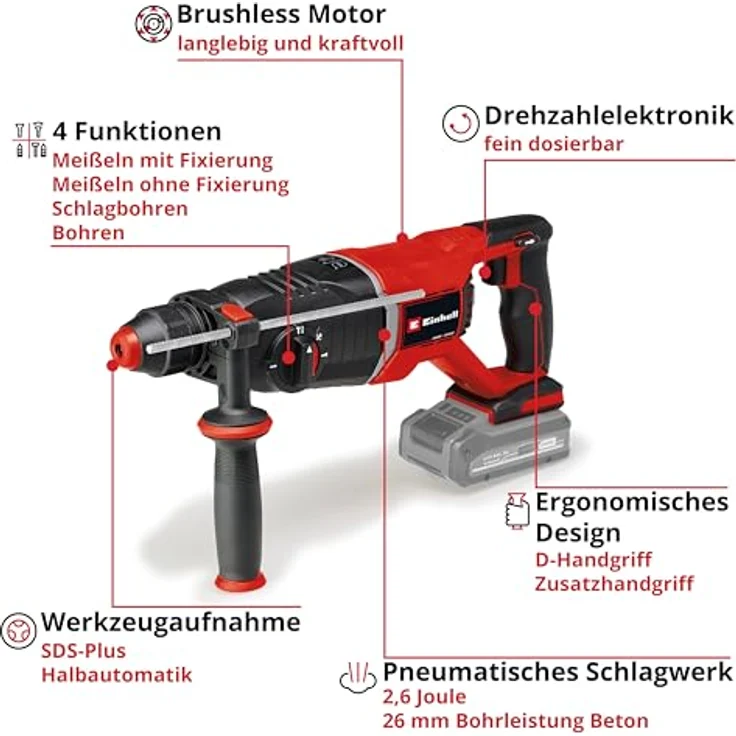 Einhell Professional Akku-Bohrhammer TP-HD 18/26 D Li BL - Solo, inkl. Koffer, ohne Akku - kraftvoller Brushless Motor, SDS-plus-Werkzeugaufnahme – Bild 3