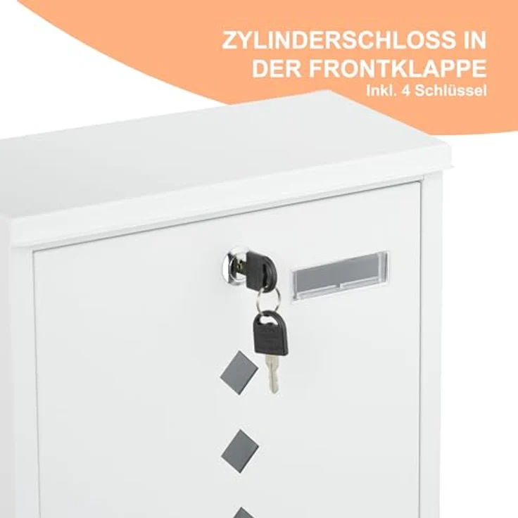 relaxdays Briefkasten mit Zeitungsfach, weiß, modernes Design aus pulverbeschichtetem Eisen, inkl. Zylinderschloss und Sichtfenster – Bild 5