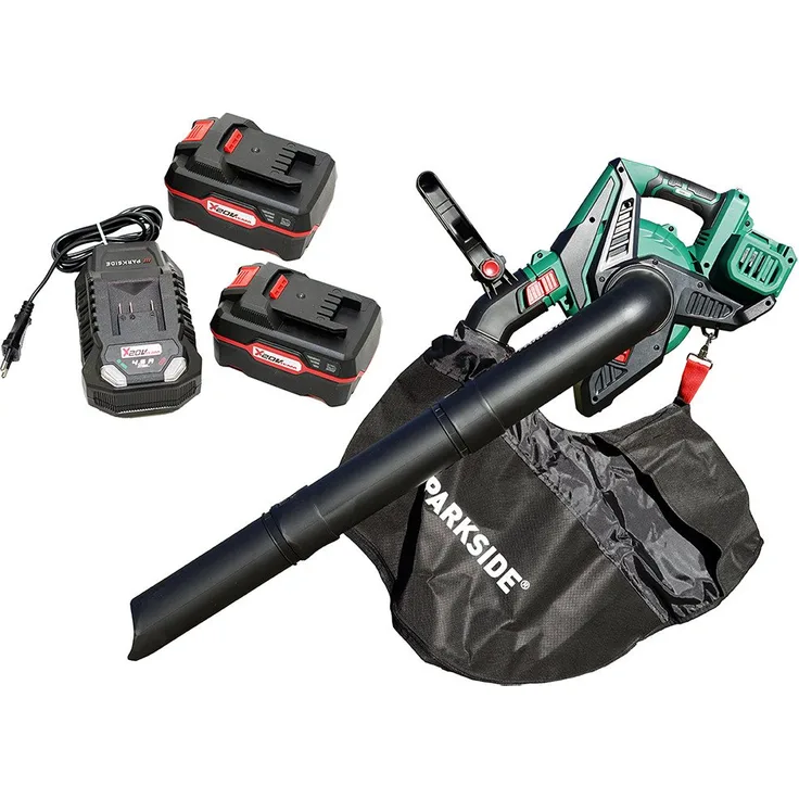 Parkside Akku-Laubsauger 40V PLSA 40-Li D2 (inkl. 2x4Ah Akku), leistungsstark mit Brushless Motor und Turbotaste, Aluminium/Kunststoff, 45 l Fangsack, 320 km/h, schwarz