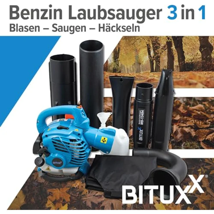Bituxx MS-13494, 3in1 Benzin Laubsauger/Laubbläser/Laubhäcksler, leistungsstarker 25,4 ccm Motor, 50 L Laubsackvolumen, Blau – Bild 2