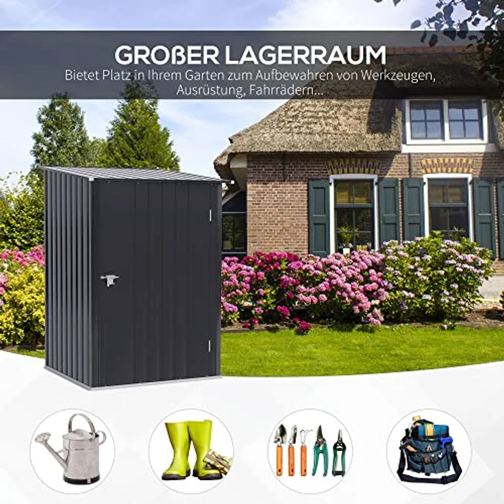 Outsunny Gerätehaus aus Stahl, 0,92 m² Geräteschuppen mit Pultdach Gartenschrank abschließbar, Gartenschuppen für Balkon, Terrasse, 100 x 103 x 160 cm, Dunkelgrau – Bild 3