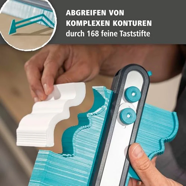wolfcraft Konturenlehre PRO, breite Nadelschablone zum Abtasten und Übertragen von Schnittverläufen, 250 mm Breite, Teleskopschiene bis 700 mm, 168 Taststifte – Bild 4