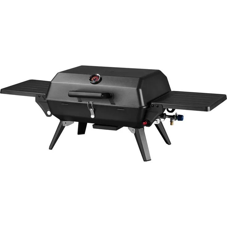 GRILLMEISTER Memphis, Camping Gasgrill mit 1 Brenner, 3,6 kW Leistung, einklappbare Seitentische, integriertem Thermometer, abnehmbarer Edelstahl-Grillrost
