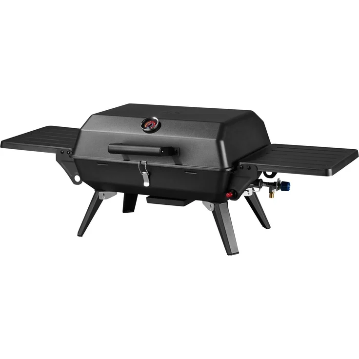 GRILLMEISTER Memphis, Camping Gasgrill mit 1 Brenner, 3,6 kW Leistung, einklappbare Seitentische, integriertem Thermometer, abnehmbarer Edelstahl-Grillrost