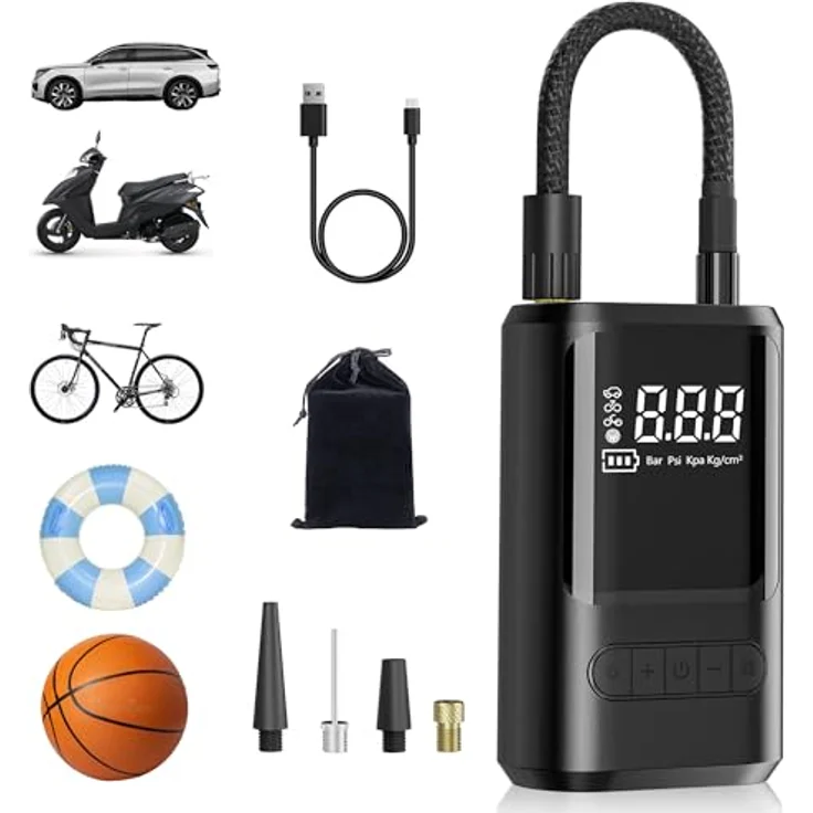 ZORUMAN 6000mAh Mini Tragbare Elektronische Luftpumpe, 150 PSI, Akku mit Digitalanzeige, Notbeleuchtung, für Auto, Motorrad, Fahrräder, Bälle – Bild 1