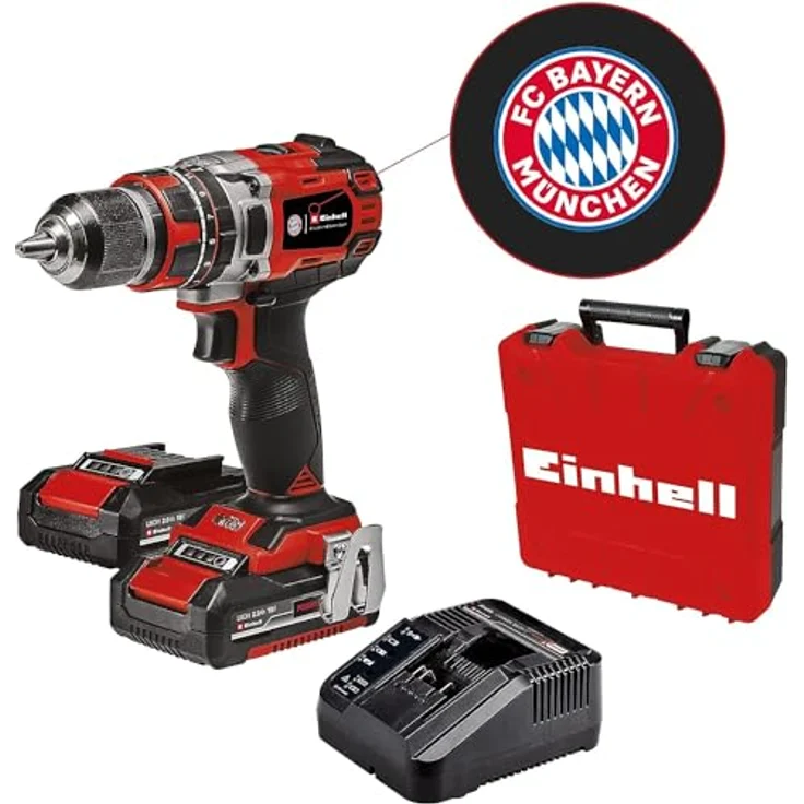 Einhell Akku-Schlagbohrschrauber TP-CD 18/50 Li-i BL FC Bayern Power X-Change (18 V, 50 Nm, Brushless, 2-Gang-Getriebe, inkl. 2x 2,0 Ah Akkus, Ladegerät, Koffer) – Bild 1