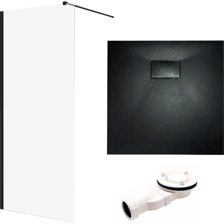 Badland SET Walk-In Dusche KETIL 80x195 + Duschwanne VIDAR 80x80, Transparentes gehärtetes 8 mm Nano Glas in Schwarz mit Steinoptik, inkl. Siphon