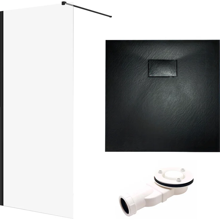 Badland SET Walk-In Dusche KETIL 80x195 + Duschwanne VIDAR 80x80, Transparentes gehärtetes 8 mm Nano Glas in Schwarz mit Steinoptik, inkl. Siphon