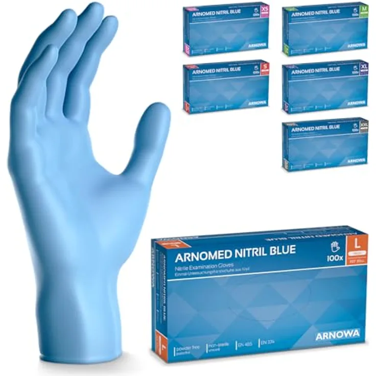 ARNOMED Nitril Einweghandschuhe, 100 Stück/Box, L, puderfrei & latexfrei, blaue Nitrilhandschuhe, hautfreundlich, in Größen XS-XXL verfügbar