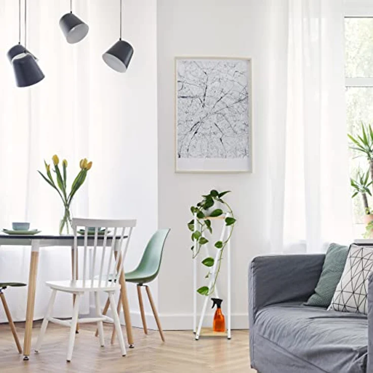 Relaxdays Blumenständer, 2 Etagen in Holzoptik, Metall, MDF, moderner Blumenhocker, HBT: 99 x 29 x 29 cm, weiß/Hellbraun – Bild 2