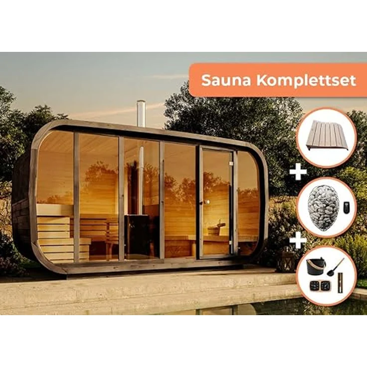 FinnTherm Fasssauna Sauna-Komplettset ScandiCube Space, BxTxH: 418 x 230 x 212 cm, 42 mm, Elektro Saunaofen - silber – Bild 2