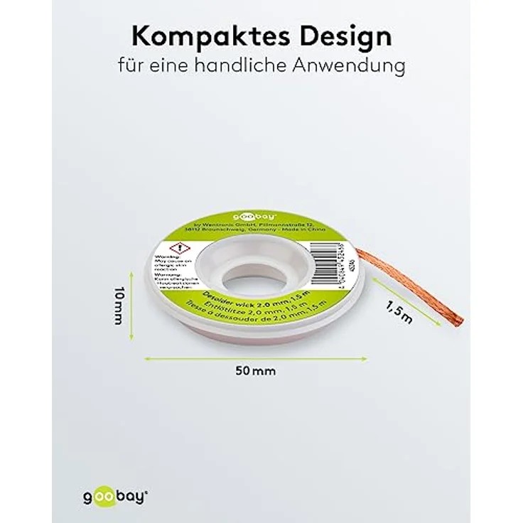 Goobay 45245 Entlötlitze 1mm reines Kupfer Entlötdraht zur Lötzinn Entfernung an Lötstellen Entlöten ideale Wärmeleitfähigkeit Lötlitze 1,5 m Spule – Bild 3