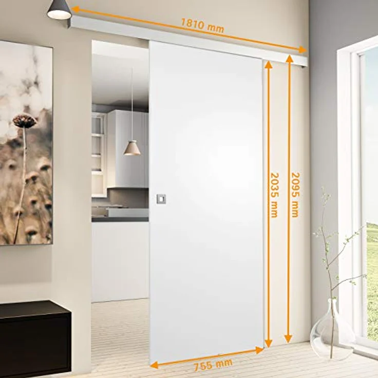 inova Schiebetür Holz Komplettset weiß 755 x 2035 mm Schienensystem mit Alu Laufschiene inkl. Beschlagset und Quadratgriff – Bild 5