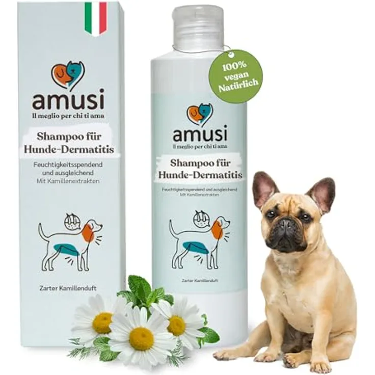 Amusi Dermatitis-Hundeshampoo sensitiv, 250 ml mit beruhigendem Kamillenextrakt und Duft, ideal für empfindliche Haut